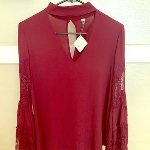 Maroon Deep V Lace Bellbottom Longsleeve Top